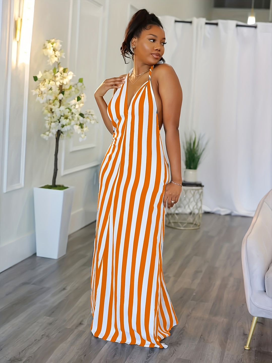 Phoebe™ | Striped V-Neck Halter Dress