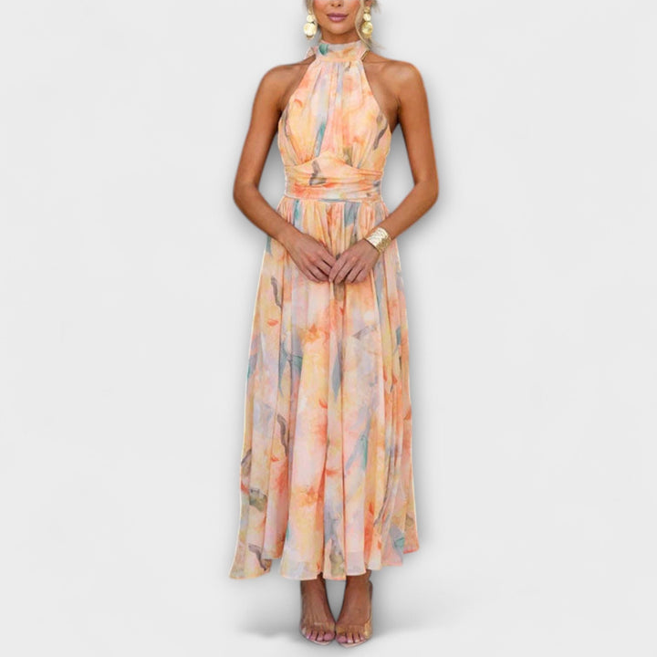 Kristy™ | Halter Neck Watercolor Print Maxi Dress