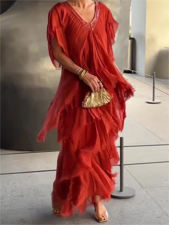 Blaise™ | Ruffled Short Sleeves V-Neck Maxi Dress