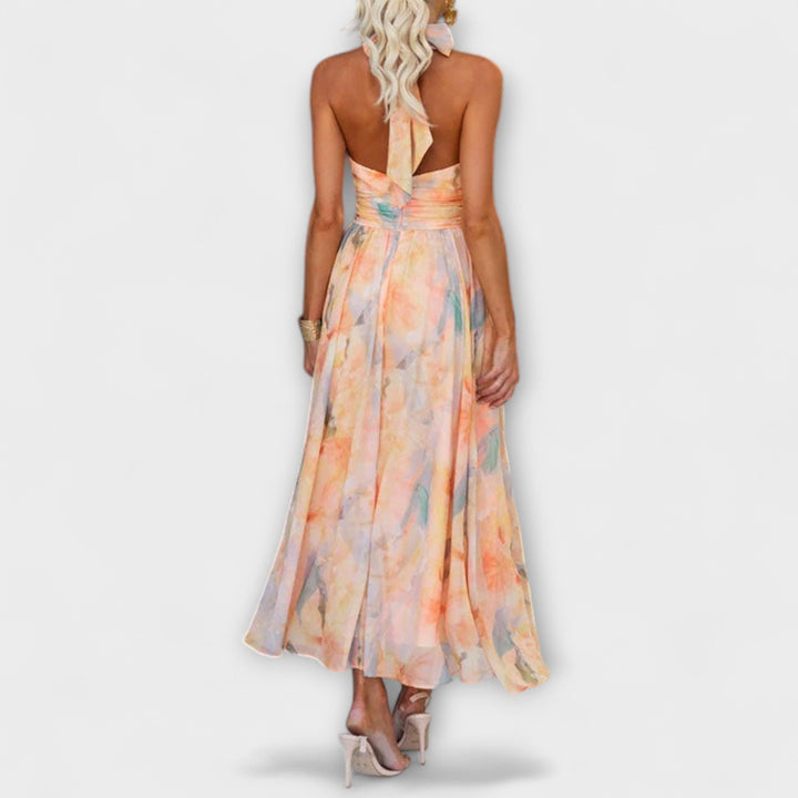 Kristy™ | Halter Neck Watercolor Print Maxi Dress