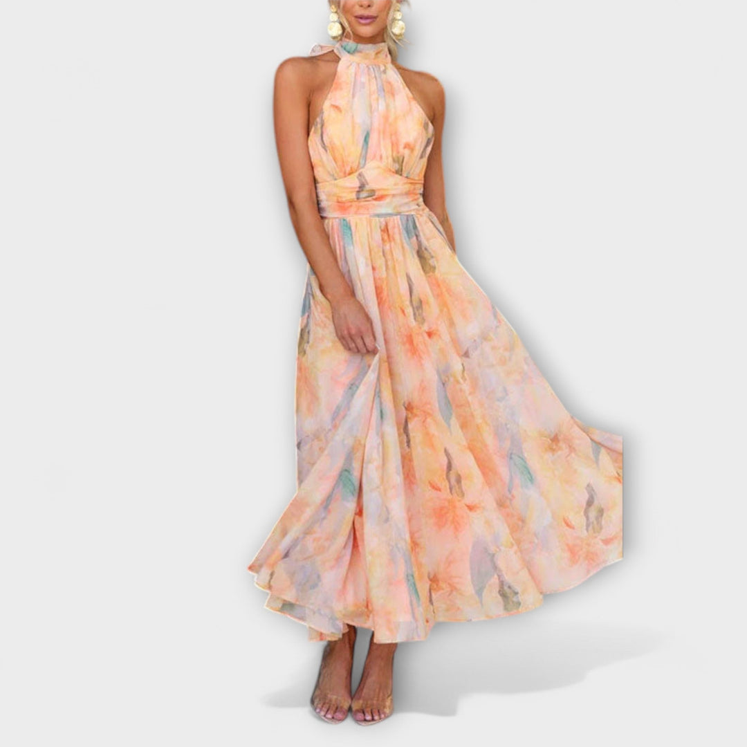 Kristy™ | Halter Neck Watercolor Print Maxi Dress