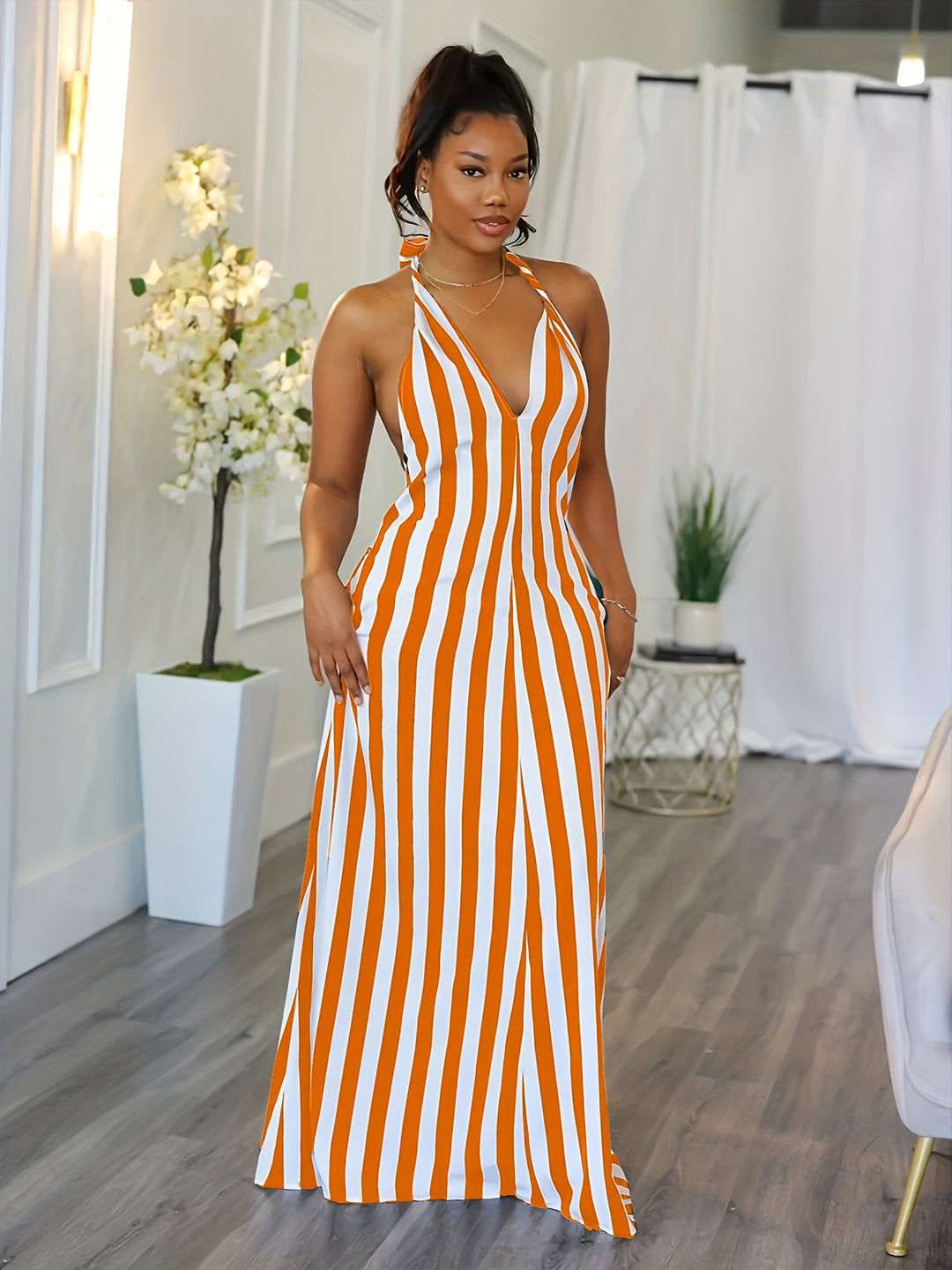 Phoebe™ | Striped V-Neck Halter Dress