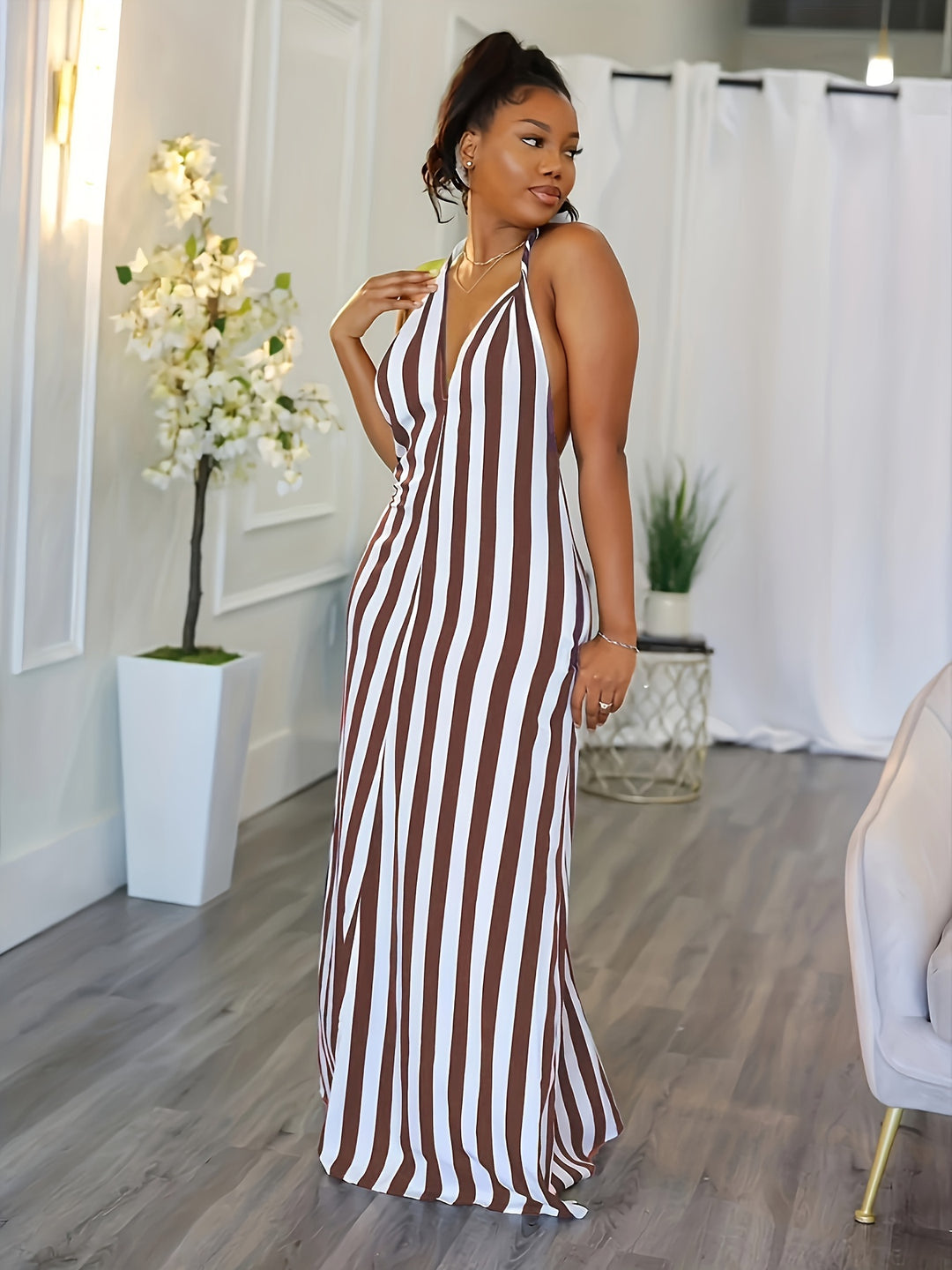 Phoebe™ | Striped V-Neck Halter Dress