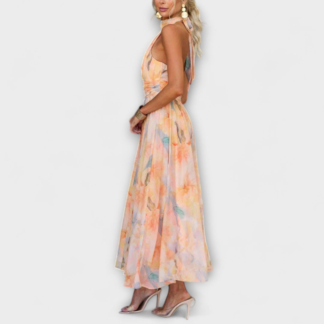 Kristy™ | Halter Neck Watercolor Print Maxi Dress