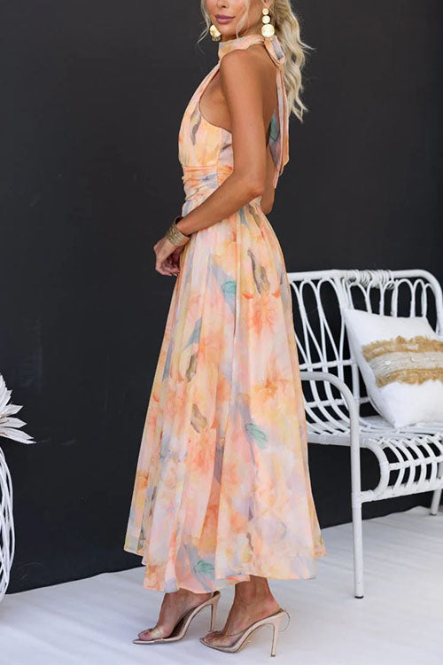 Anna™ | Halter Neck Open Back Waisted Watercolor Print Maxi Dress