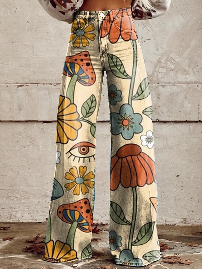 Zora™ | Retro Floral Print Wide-Leg Jeans