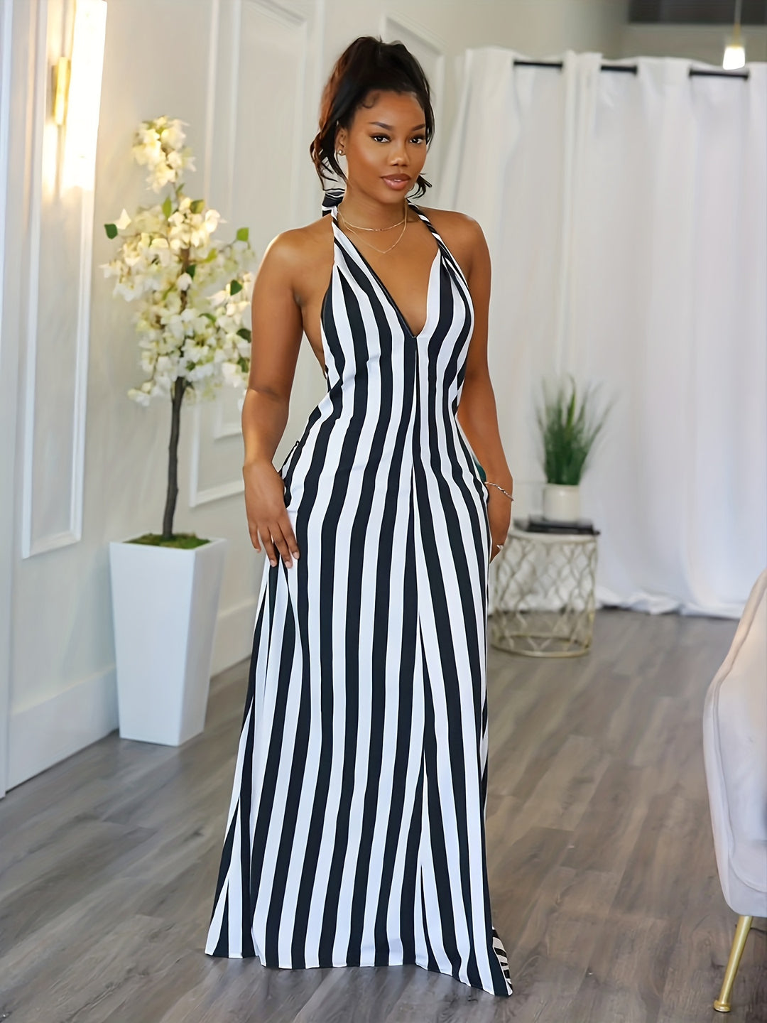 Phoebe™ | Striped V-Neck Halter Dress