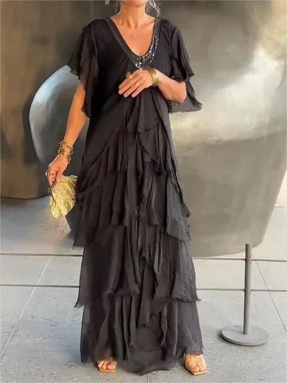 Blaise™ | Ruffled Short Sleeves V-Neck Maxi Dress