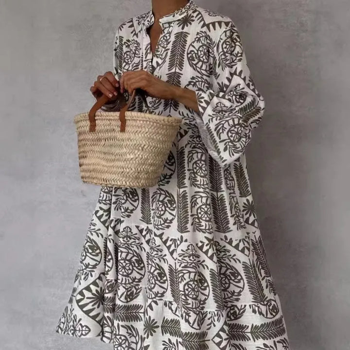 Adeline™ | Printed V-Neck A-Line Skirt Dress