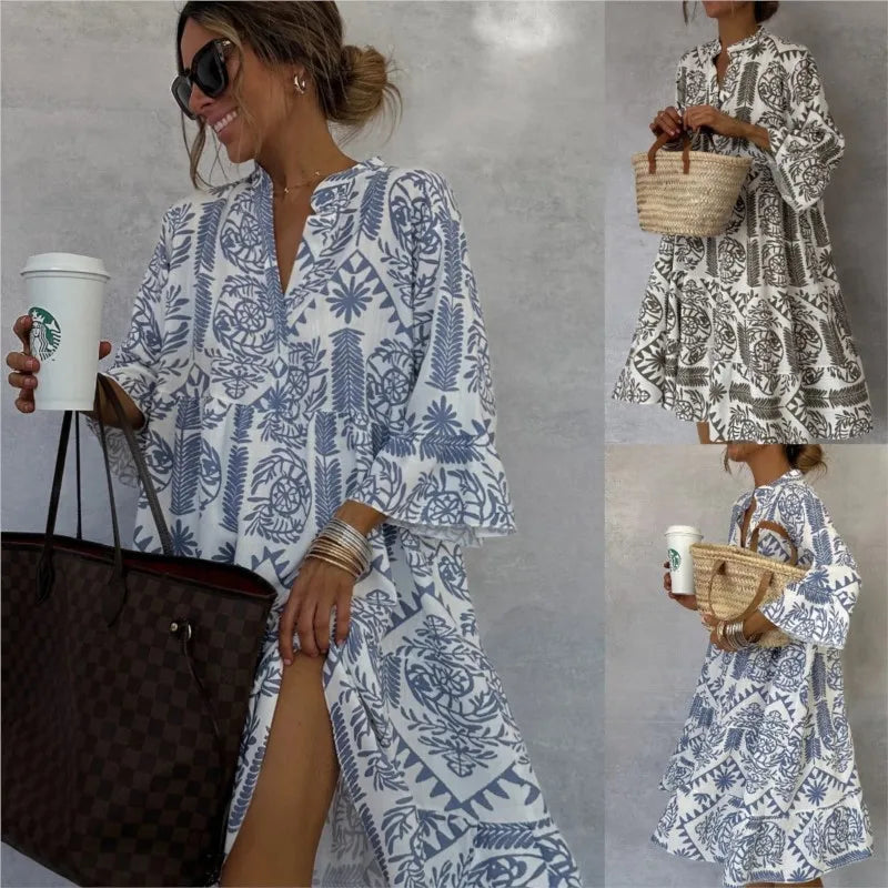 Adeline™ | Printed V-Neck A-Line Skirt Dress