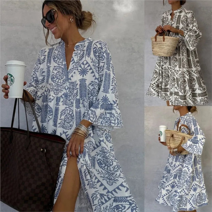 Adeline™ | Printed V-Neck A-Line Skirt Dress