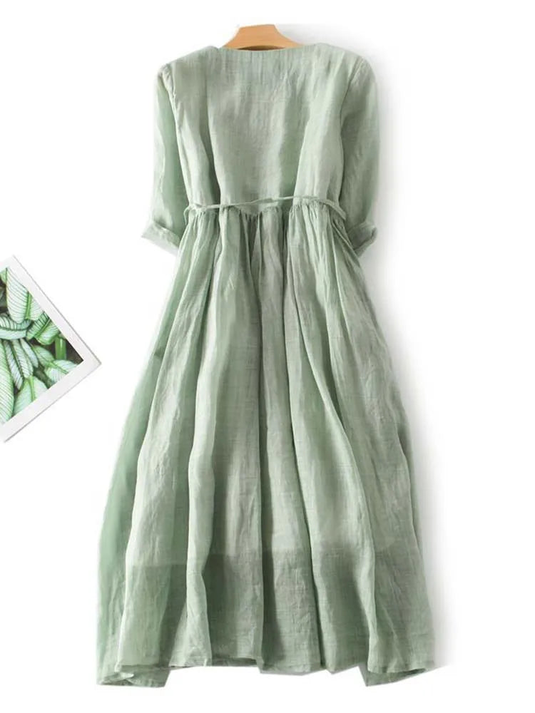 Arya™ | Women's Art Retro Round Neck Lace Up Waist Dress