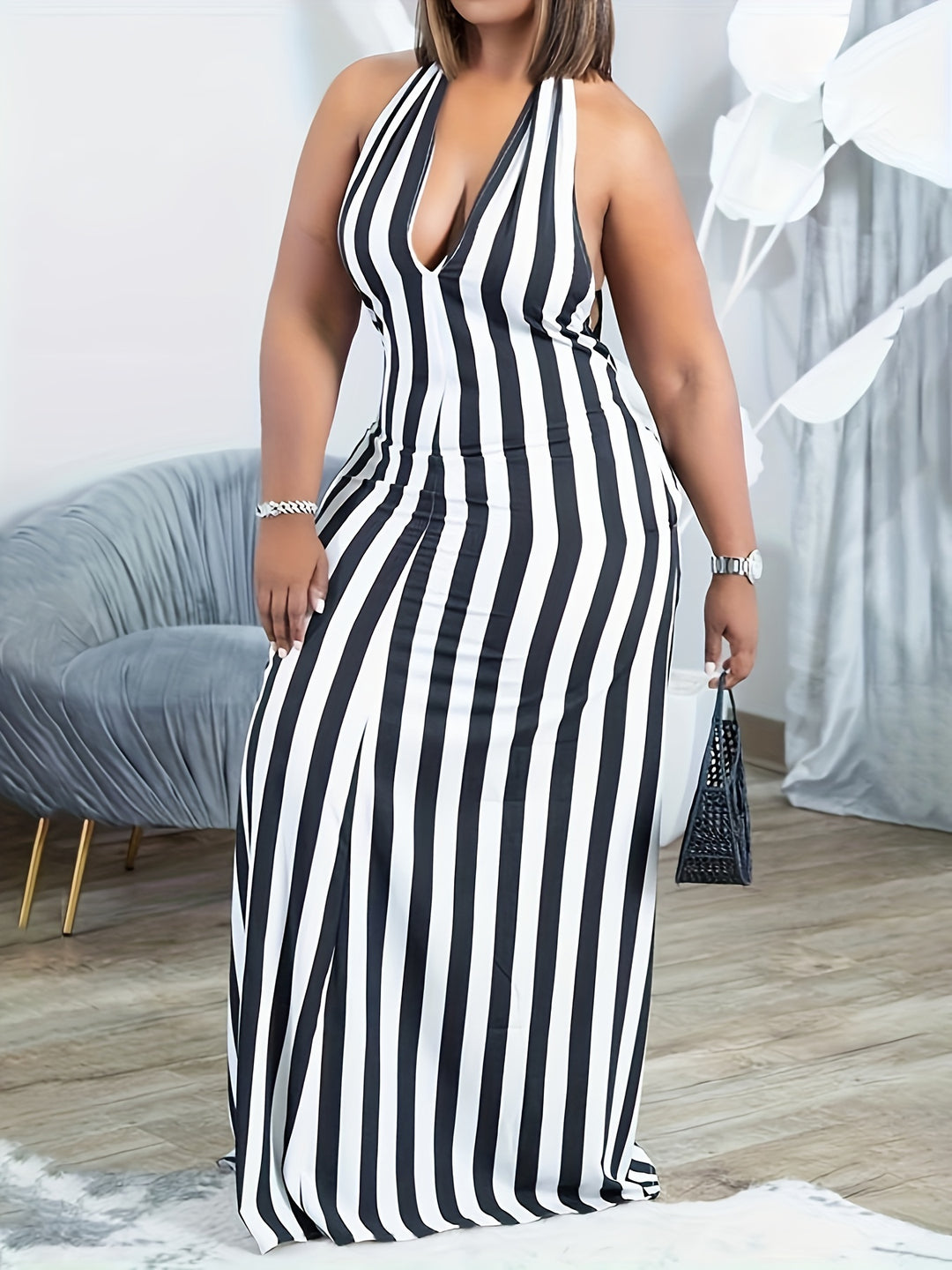 Phoebe™ | Striped V-Neck Halter Dress