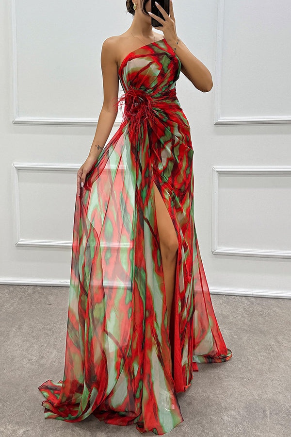 Claudia™ | Watercolor Print Feather Rose Detail Off Shoulder Pleated Slit Maxi Dress
