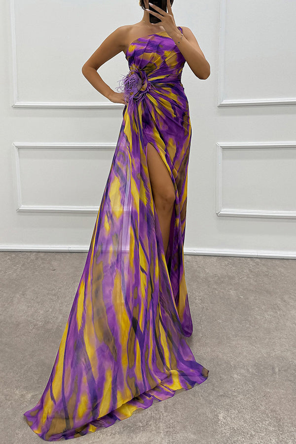 Claudia™ | Watercolor Print Feather Rose Detail Off Shoulder Pleated Slit Maxi Dress