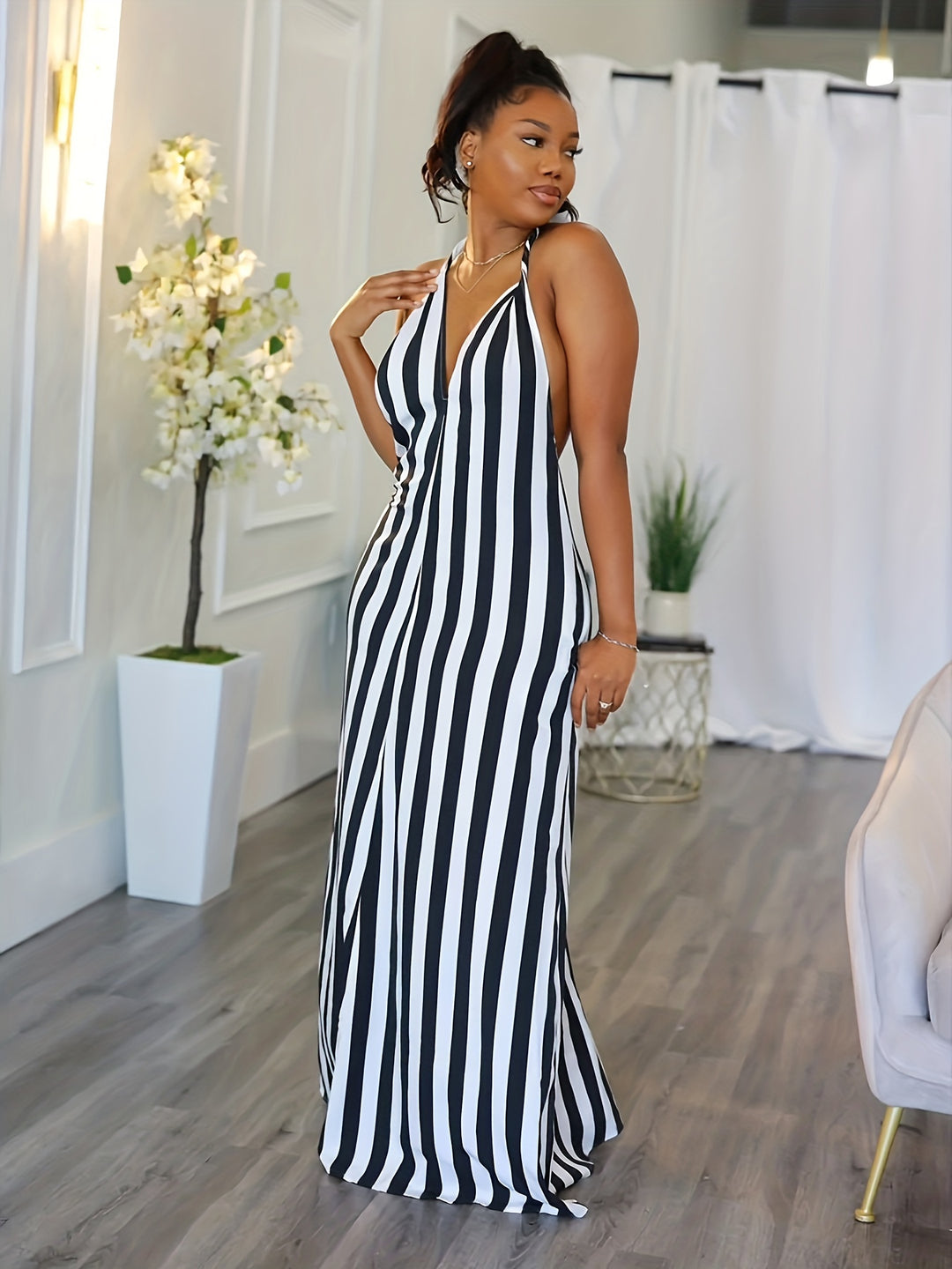 Phoebe™ | Striped V-Neck Halter Dress