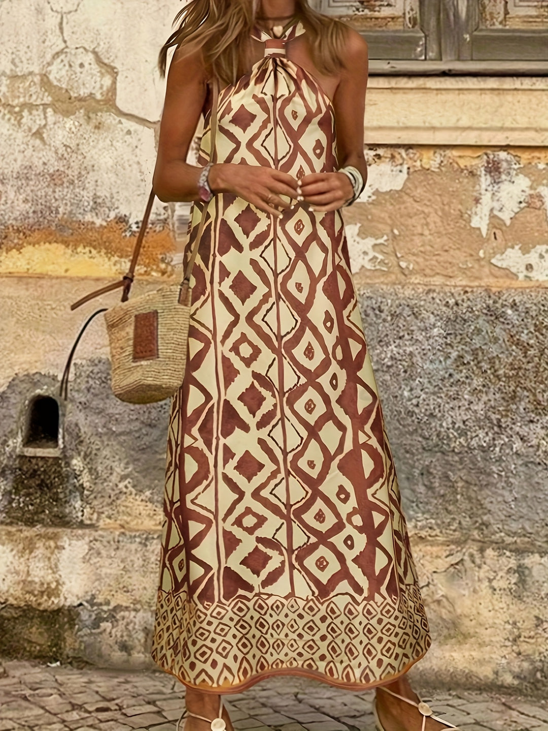 Amelia™ Geometric Print Halter Maxi Dress