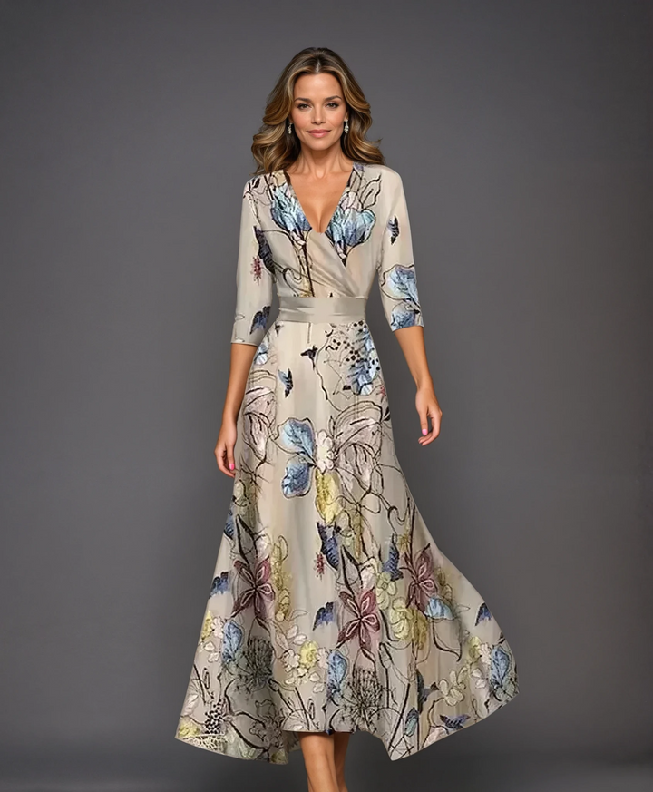 Emilie™ | Printed High Waist Midi Dress with Mid Sleeves