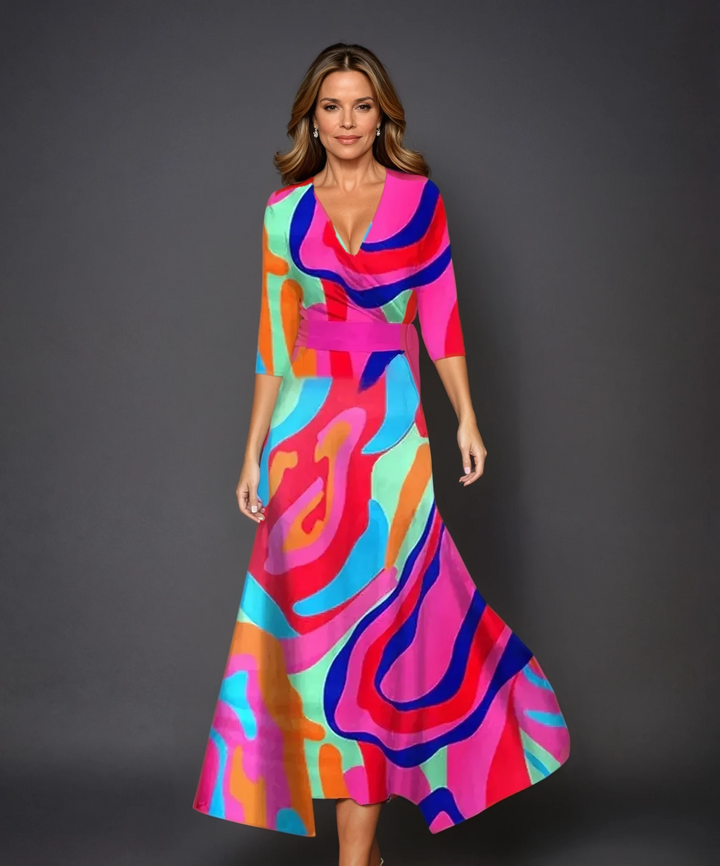 Emilie™ | Printed High Waist Midi Dress with Mid Sleeves