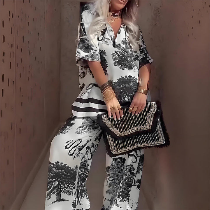Marlene™ | Printed Top with V-Neck + Long Pants