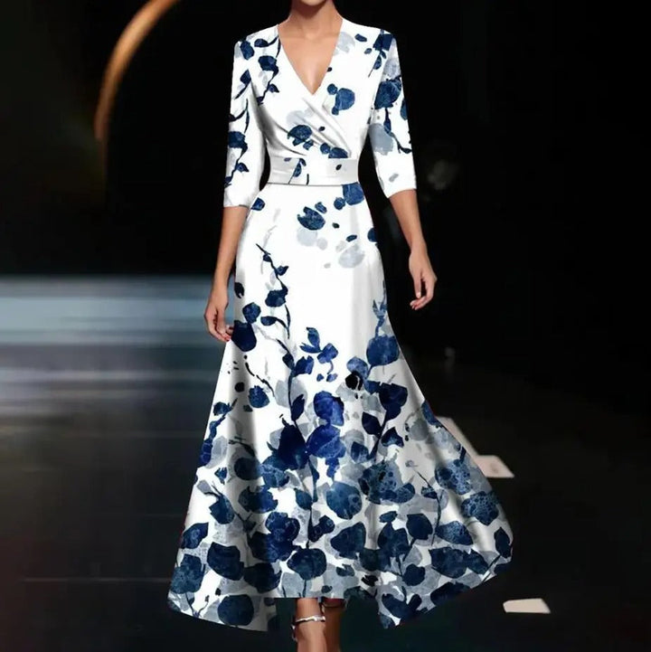 Emilie™ | Printed High Waist Midi Dress with Mid Sleeves
