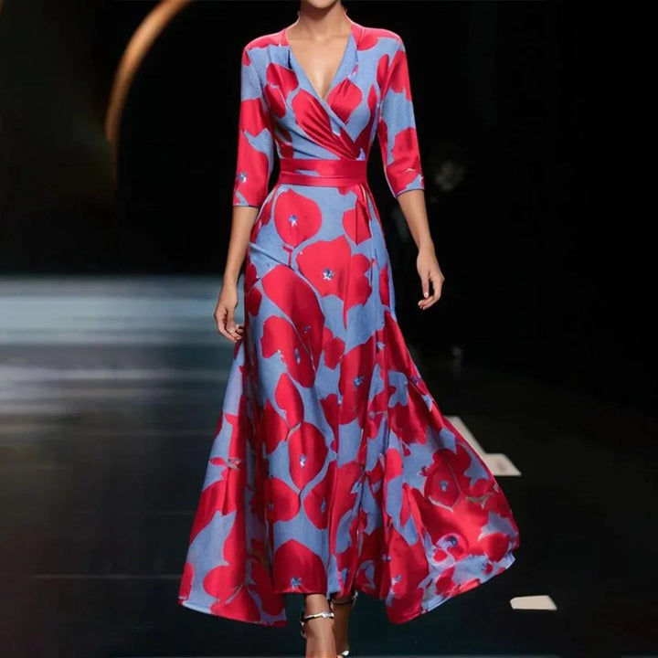 Emilie™ | Printed High Waist Midi Dress with Mid Sleeves