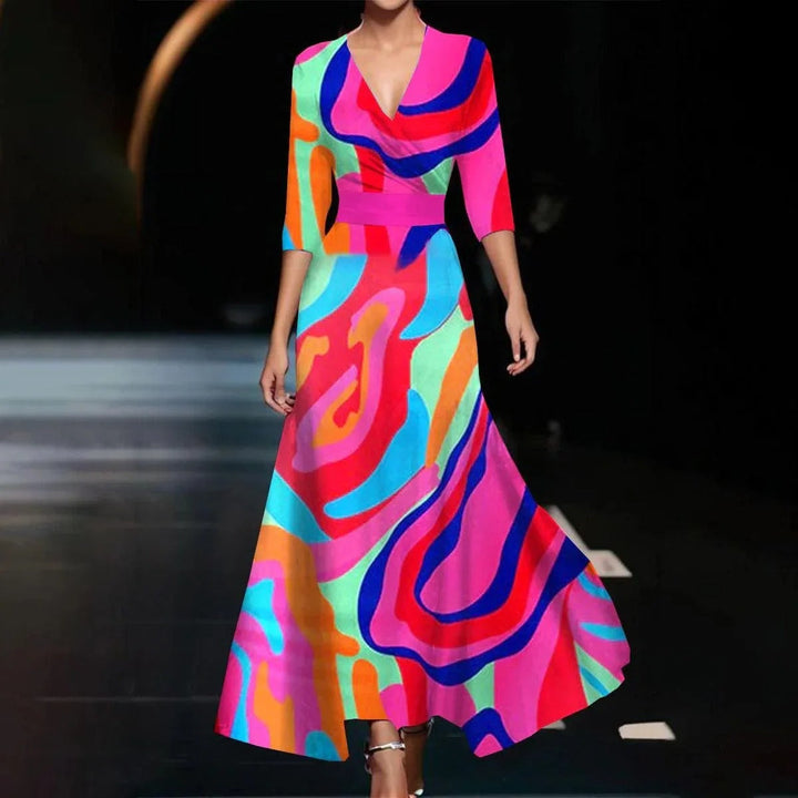 Emilie™ | Printed High Waist Midi Dress with Mid Sleeves