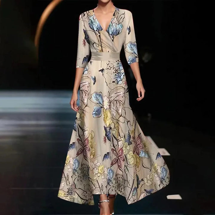 Emilie™ | Printed High Waist Midi Dress with Mid Sleeves